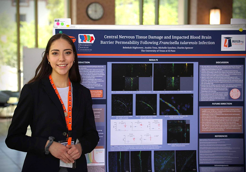 Rebekah Hightower standing proudly in front of her research poster titled: “Central Nervous Tissue Damage and Impacted Blood Brain Barrier Permeability Following Francisella tularensis Infection” 